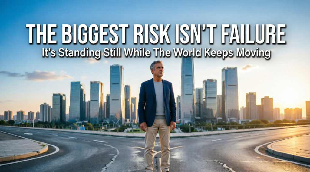 Mature man at a city crossroads with glowing tech and business icons. Text: "THE BIGGEST RISK ISN'T FAILURE - It's Standing Still While The World Keeps Moving."THE BIGGEST RISK ISN'T FAILURE Subheadline It's Standing Still While The World Keeps Moving