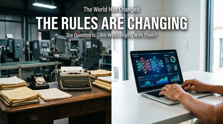 Split screen of vintage office desk vs. modern laptop with AI graphics. Text: "THE RULES ARE CHANGING - The Question Is... Are We Changing With Them?"