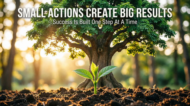 Green seedling sprouting before a large tree in golden sunlight. Text: "SMALL ACTIONS CREATE BIG RESULTS - Success Is Built One Step At A Time."