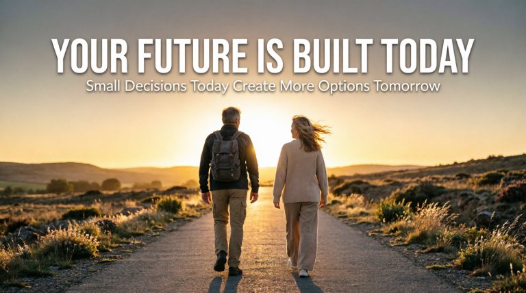 Mature couple walking confidently down a path toward a bright golden sunrise. Text: "YOUR FUTURE IS BUILT TODAY - Small Decisions Today Create More Options Tomorrow." Copy Ask Qwen Explain Translate(en-US)
